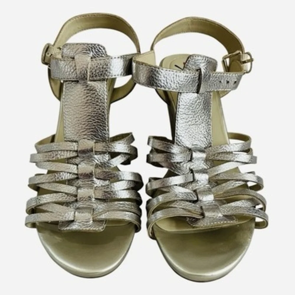 Isaac Mizrahi Live Simmer Gold Metallic Leather Fisherman Cork Wedge Sandal 7M